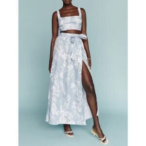 Reformation Palm Linen Crop Tank Top and Wrap Maxi Skirt Matching Set Blue 4